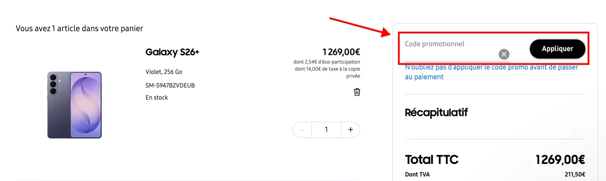 Tutoriel code promo Samsung