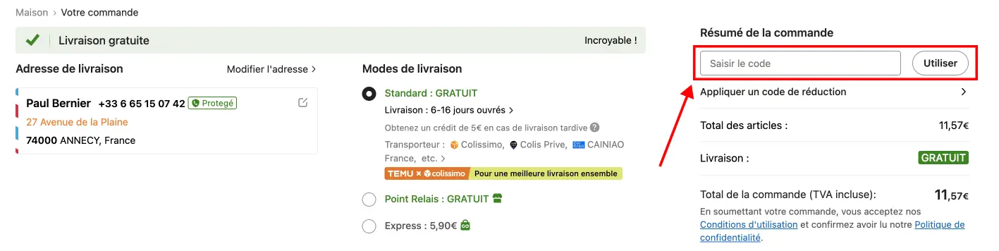 Tutoriel code promo TEMU