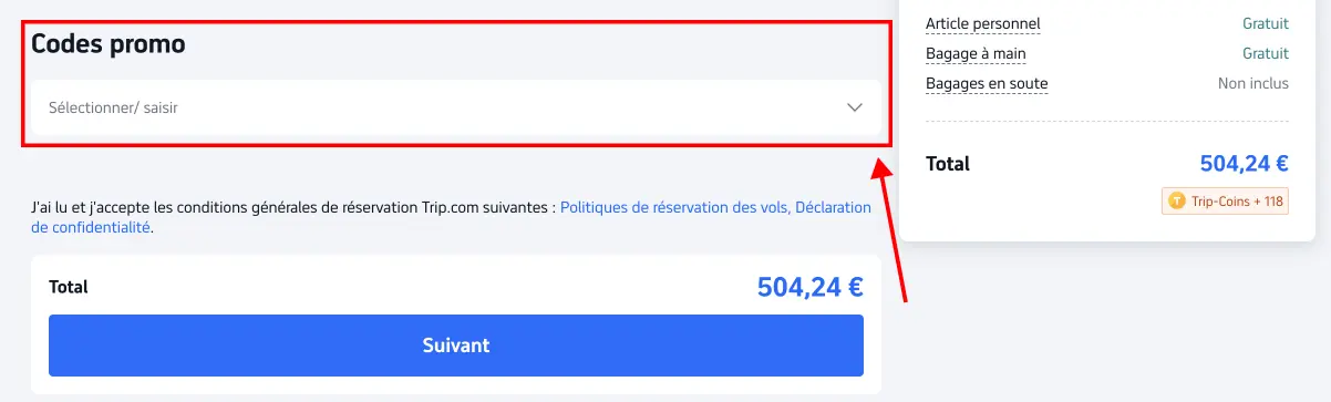 Tutoriel code promo Trip.com