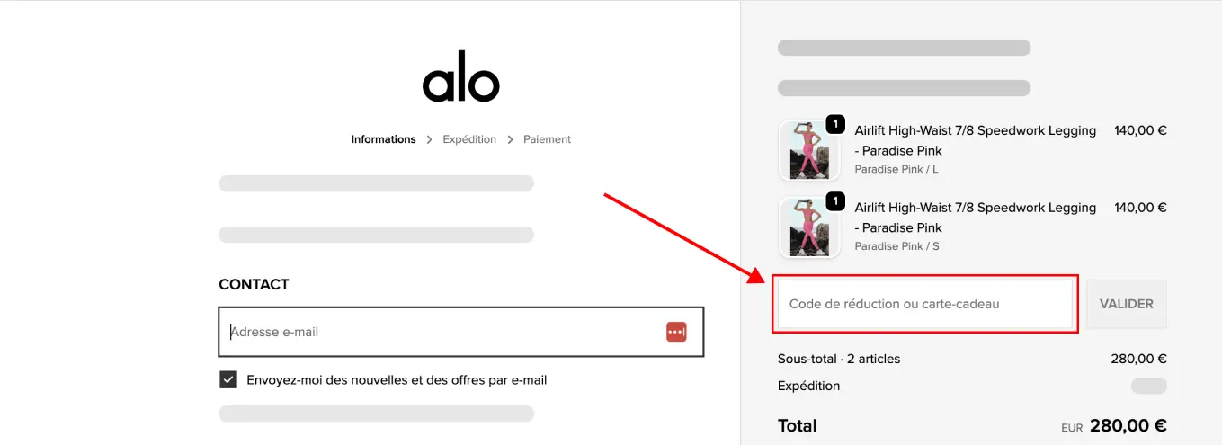 Tutoriel code promo Alo Yoga