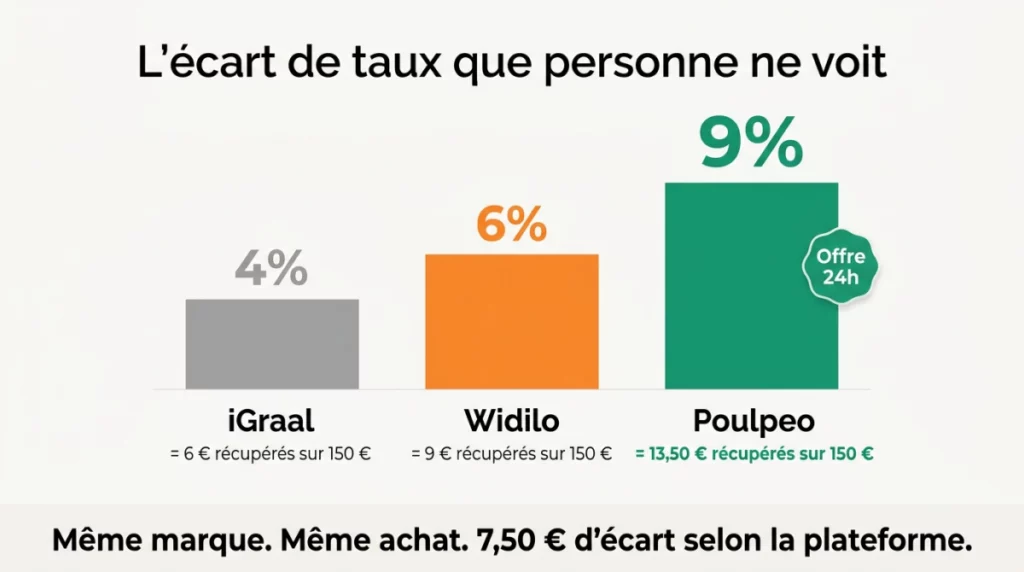 Comparateur cashback : écart de taux entre iGraal (4%), Widilo (6%) et Poulpeo (9%) sur une même commande Adidas