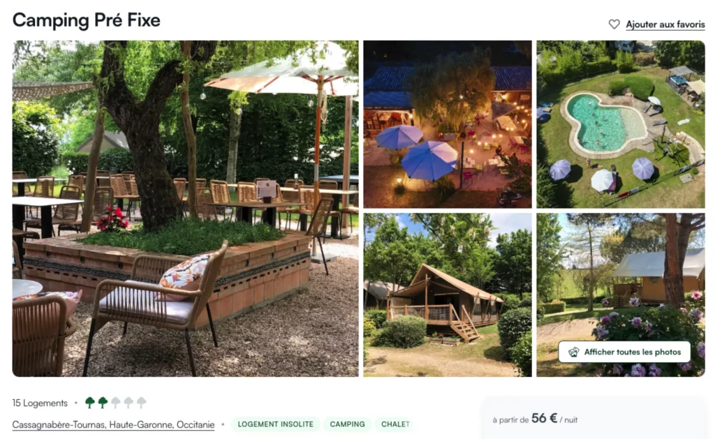 Tentes safari sur terrasse bois et piscine au Camping Pré Fixe en Occitanie, glamping pas cher dès 56€ la nuit