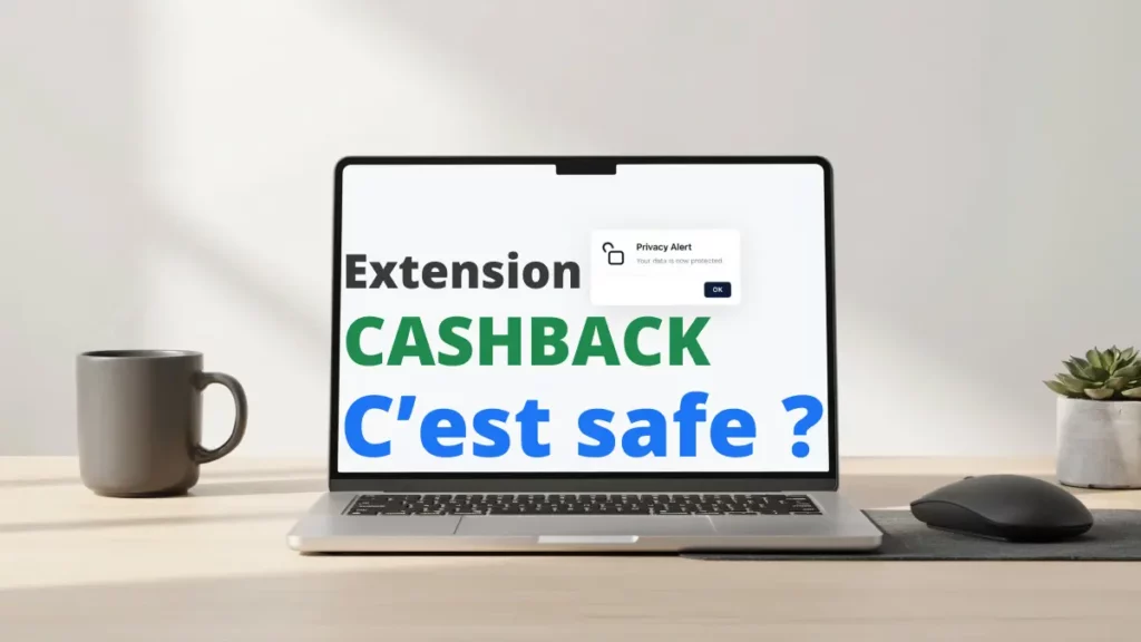 Vue par-dessus l'épaule d'un ordinateur portable affichant une extension cashback navigateur en cours d'installation