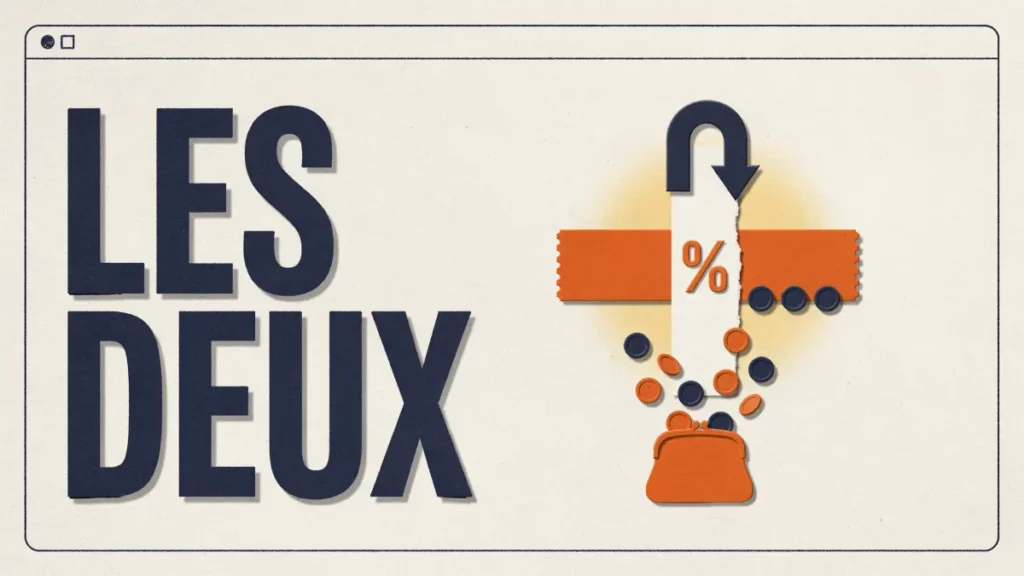 Illustration en papier découpé : un coupon de réduction et une flèche de cashback se croisent en forme de plus, des pièces tombent de leur intersection